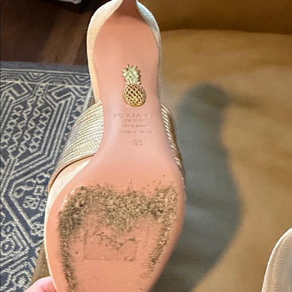 Aquazzura Cream Suede Pointed Mule Heels with Gold Ribbed Strap - Picture 5 of 5